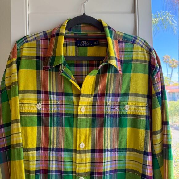 Vintage Polo Ralph Lauren Madras Plaid Buttondown Shirt in Yellow Multi size XL - Picture 4 of 9